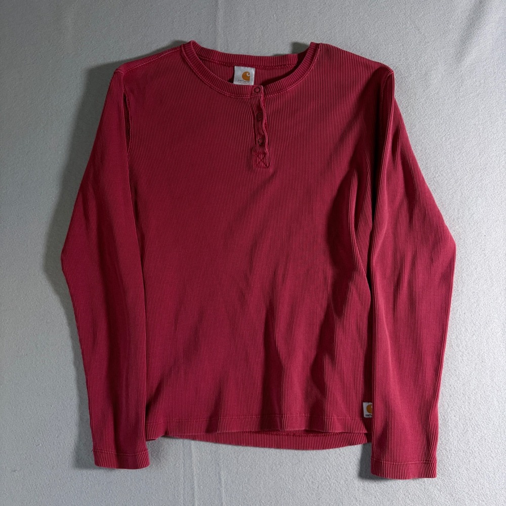 Carhartt Womens Henley Long Sleeve Ribbed Cotton Shirt Burgundy Red Large